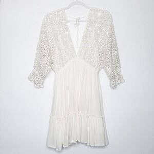 Petal & Pup Womens Boho Mini Dress Size 6 White Long Sleeve Floral Eyelet Flowy